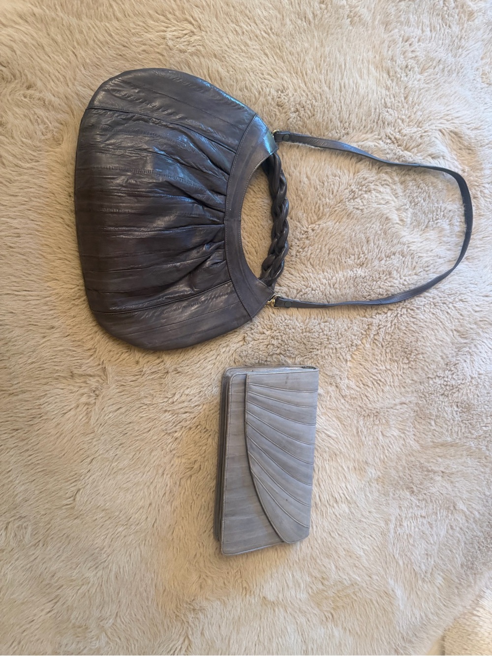 Bundle Gray Womens Leather Shoulder Bag with clutch